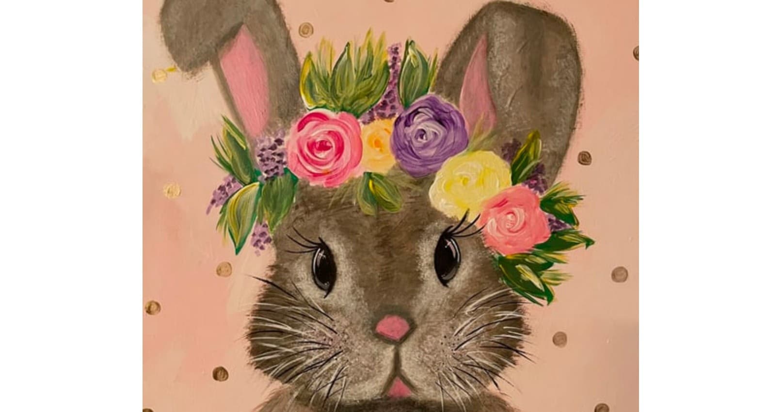 Floral-crowned bunny painting on pastel canvas for art display