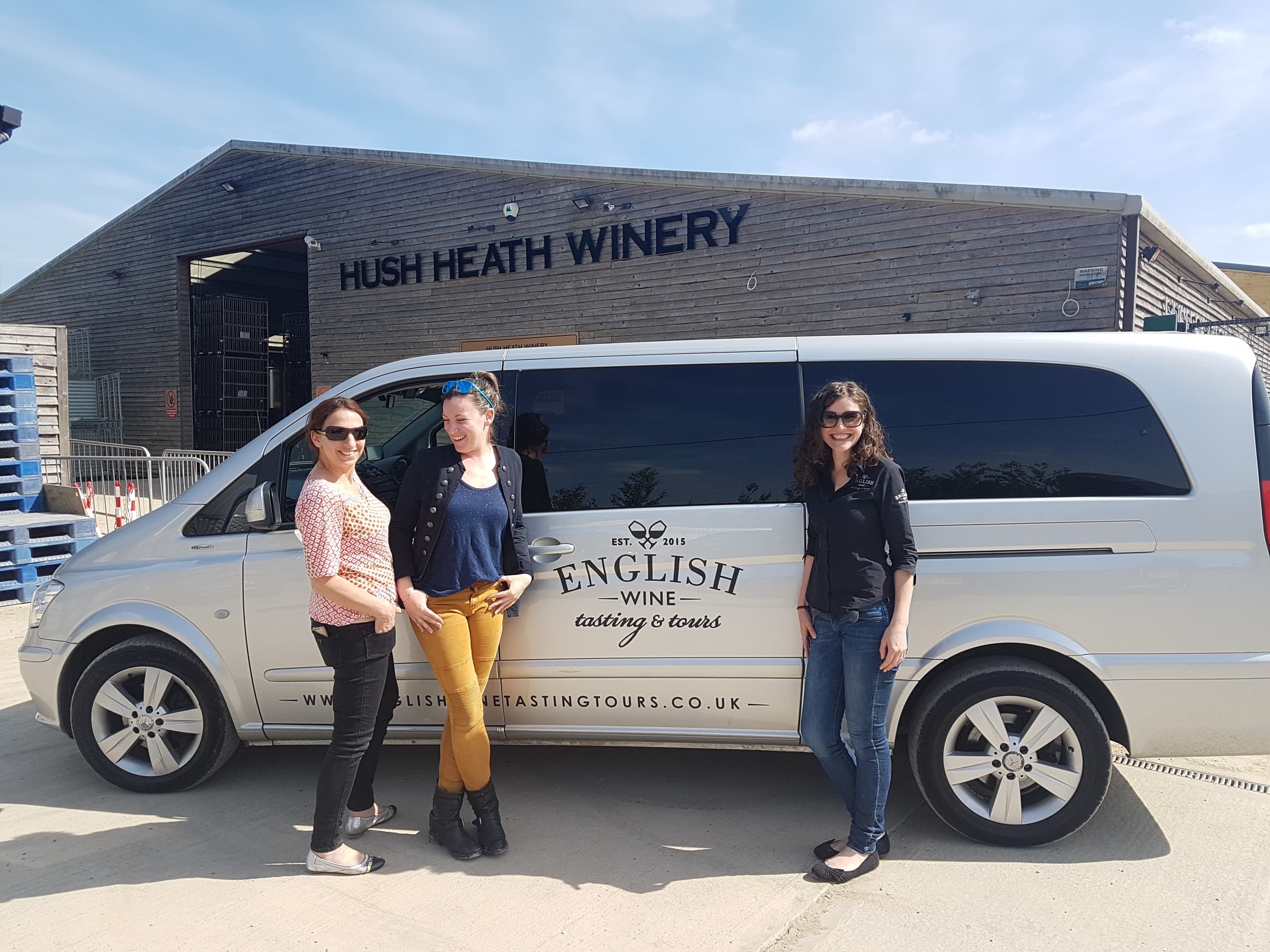 Guests by English Wine Tasting Tours van outside Hush Heath Winery