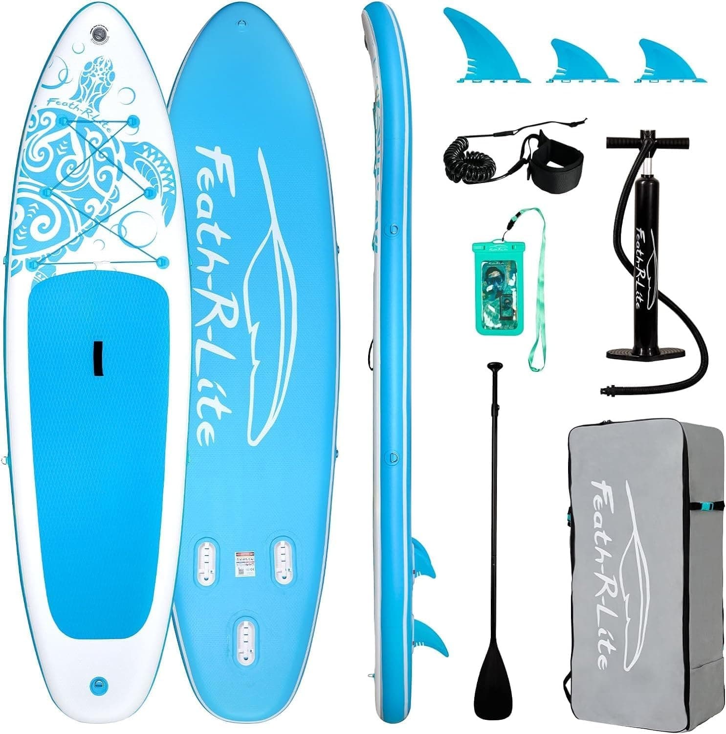 Inflatable paddleboard and accessories kit displayed on white