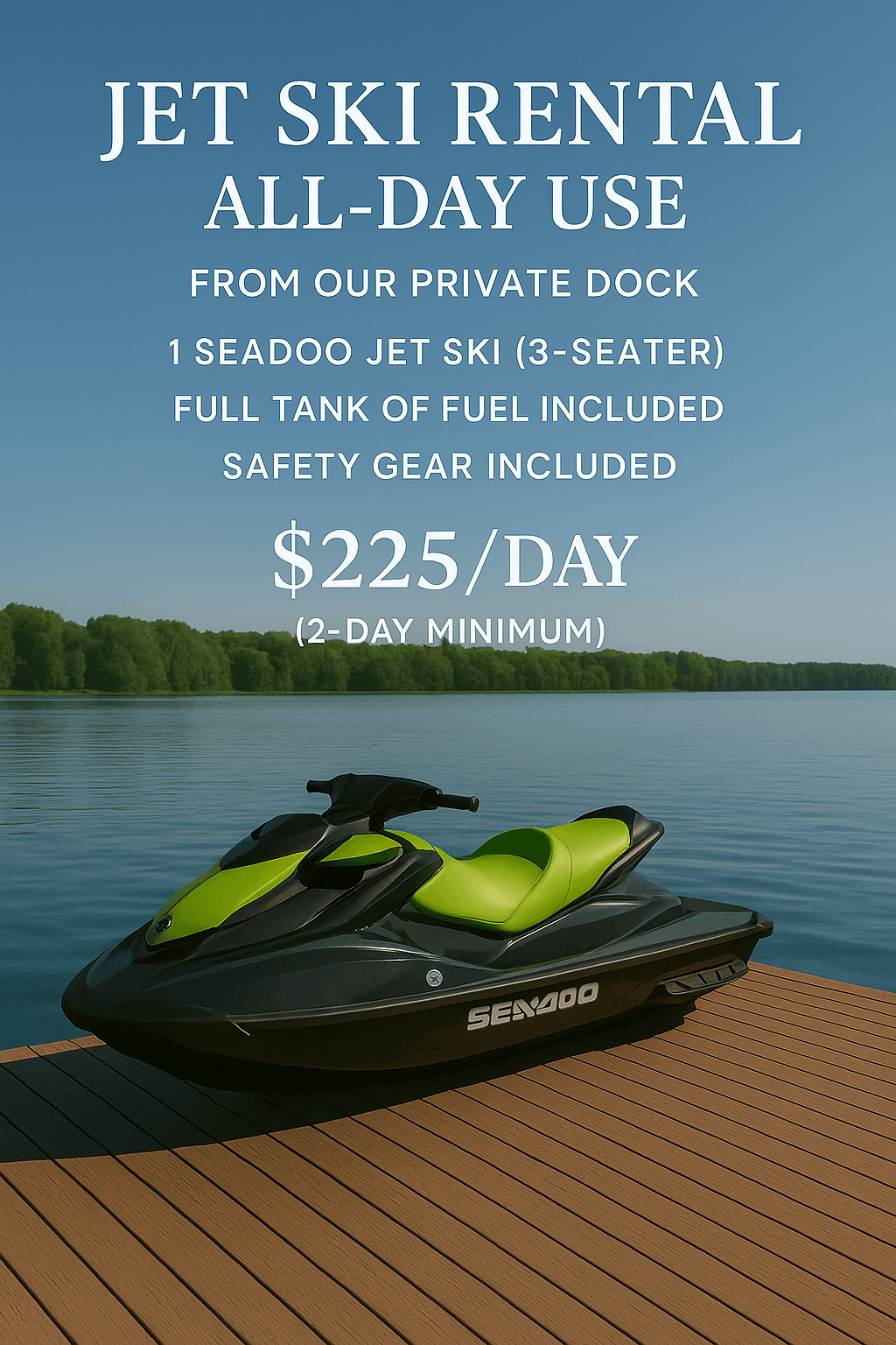 Seadoo jet ski on lake dock, all-day rental for watersports