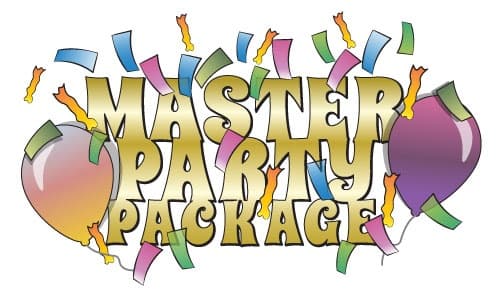 Party package logo with confetti and balloons for events