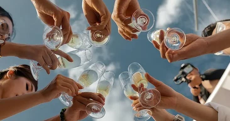 Guests toasting with champagne glasses aboard sailboat under sky