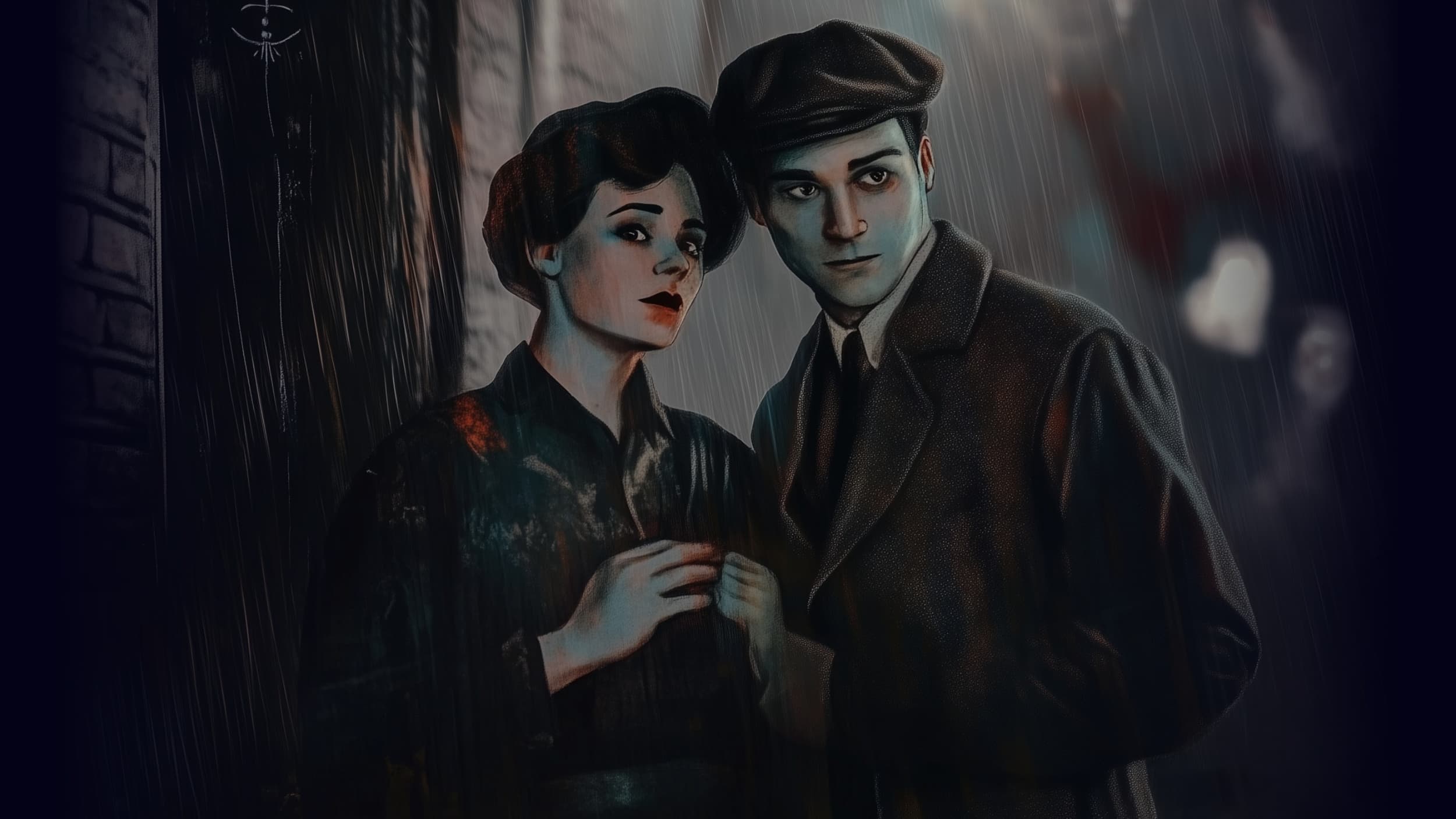 Couple in dim Victorian alley during nighttime ghost walk