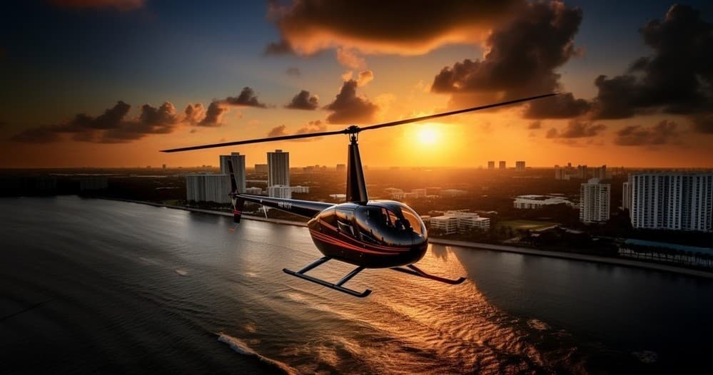 Sunset helicopter flight over Miami waterfront city skyline