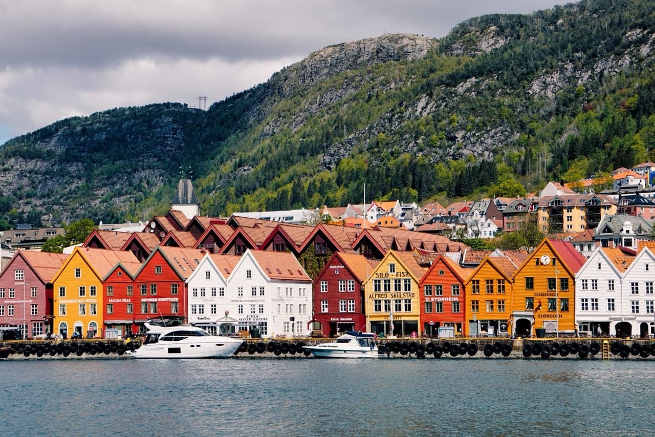 Colorful Bryggen waterfront houses in Bergen harbor