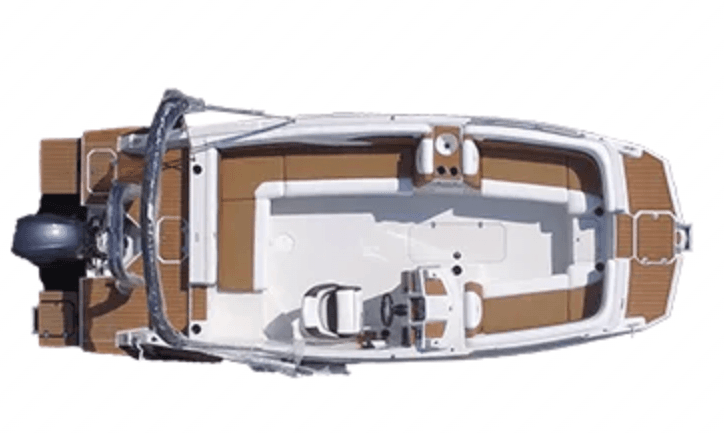 Top-down view of center console boat with teak deck details
