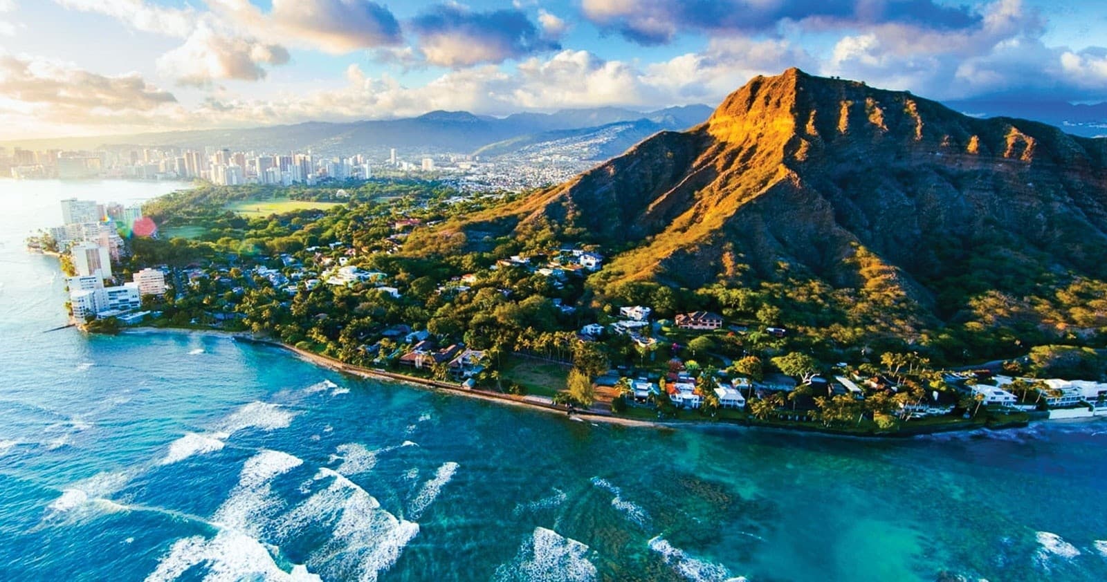 Aerial scenic view of Waikiki coastline and Diamond Head, Hawaii