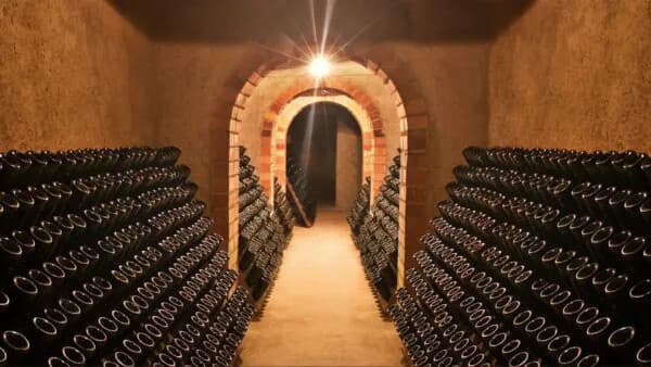 Riddling cellar tunnel with stacked bottles for aging