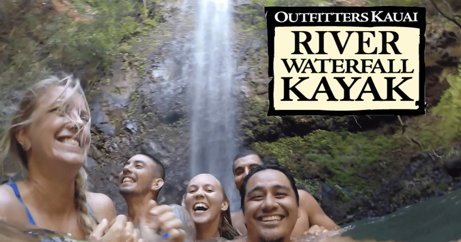 Group waterfall river kayak adventure in Kauai, swimming and smiling