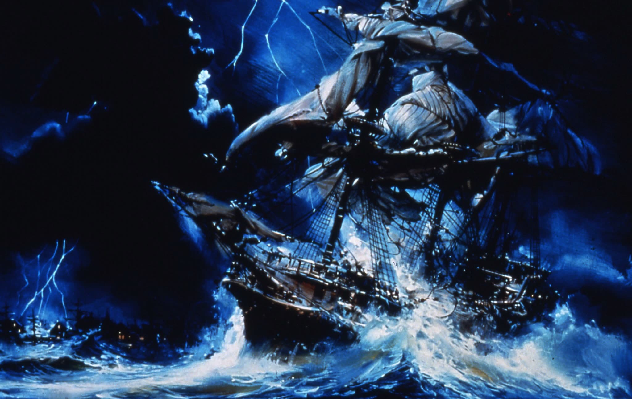 Sailing pirate ship battling stormy ocean with lightning