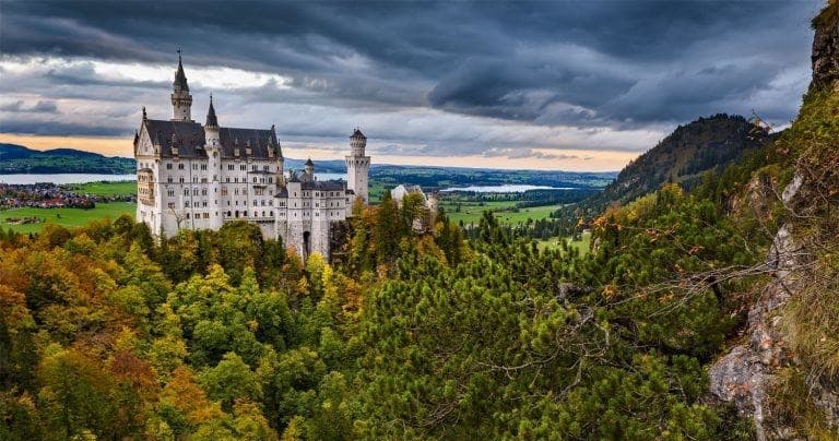 Neuschwanstein Castle in Bavarian Alps, scenic castle sightseeing