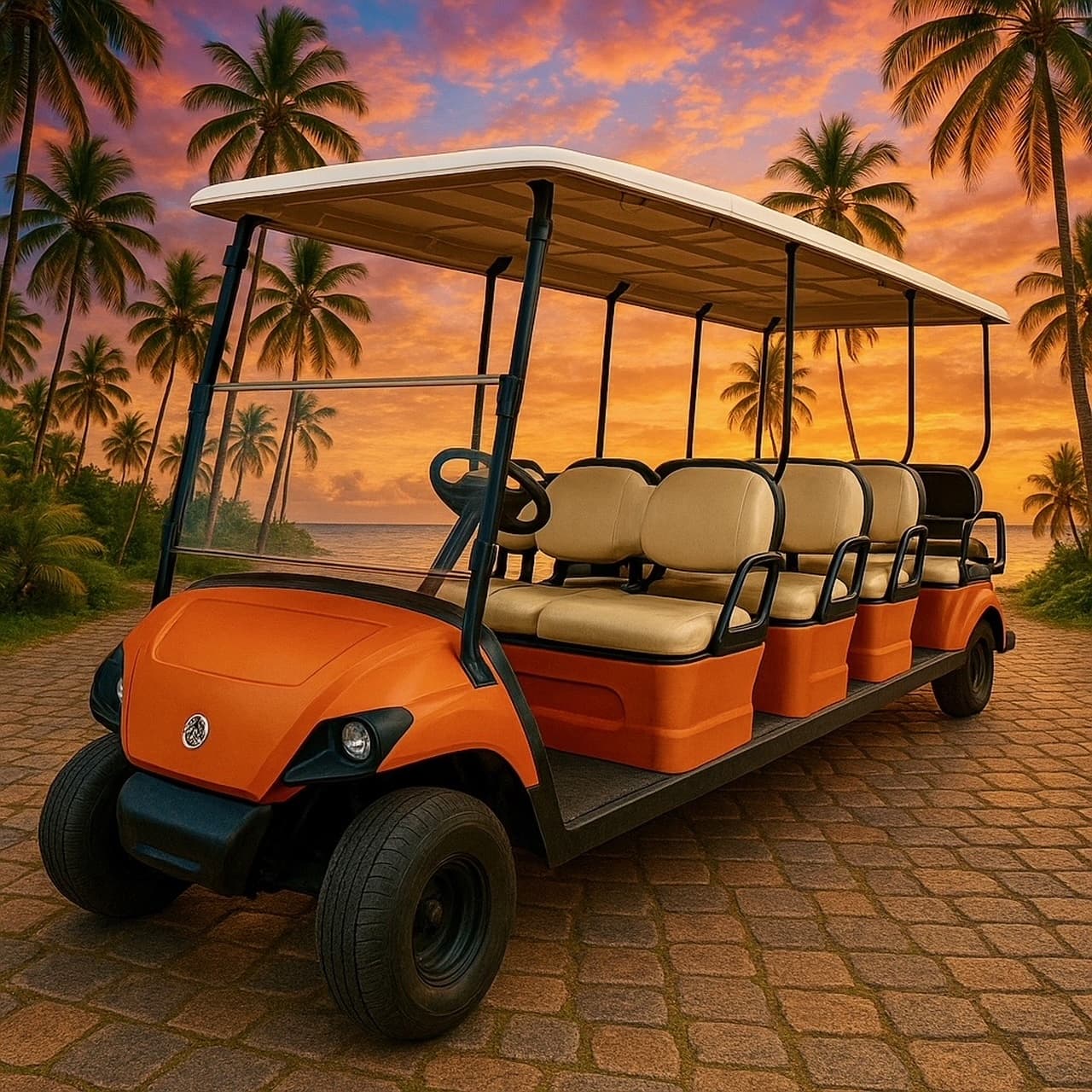 Long orange golf cart cruising palm-lined sunset boulevard