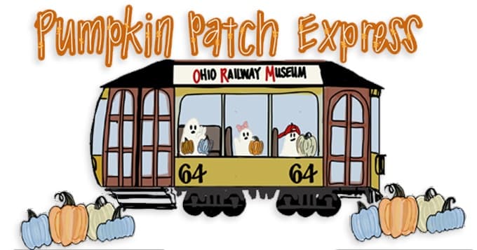 Pumpkin Patch Express train ride with pumpkins at fall festival