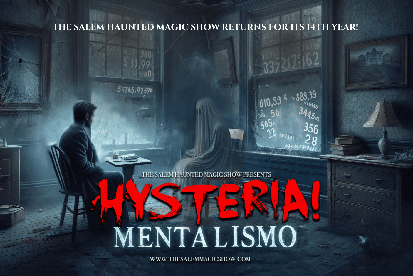 Atmospheric mentalism scene in dim Salem theater promoting show