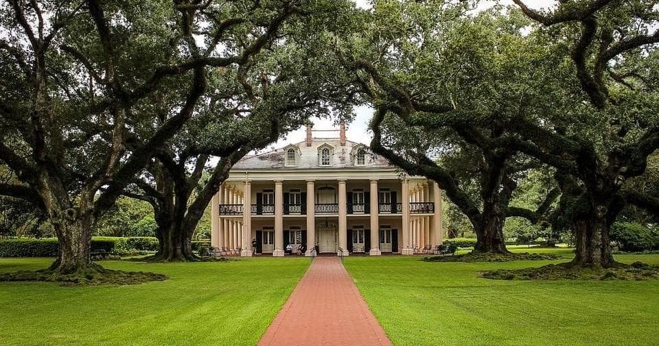Grand plantation house with oak allee and manicured lawn view