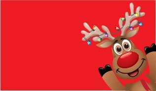 Cartoon festive reindeer mascot on red backdrop for holiday event