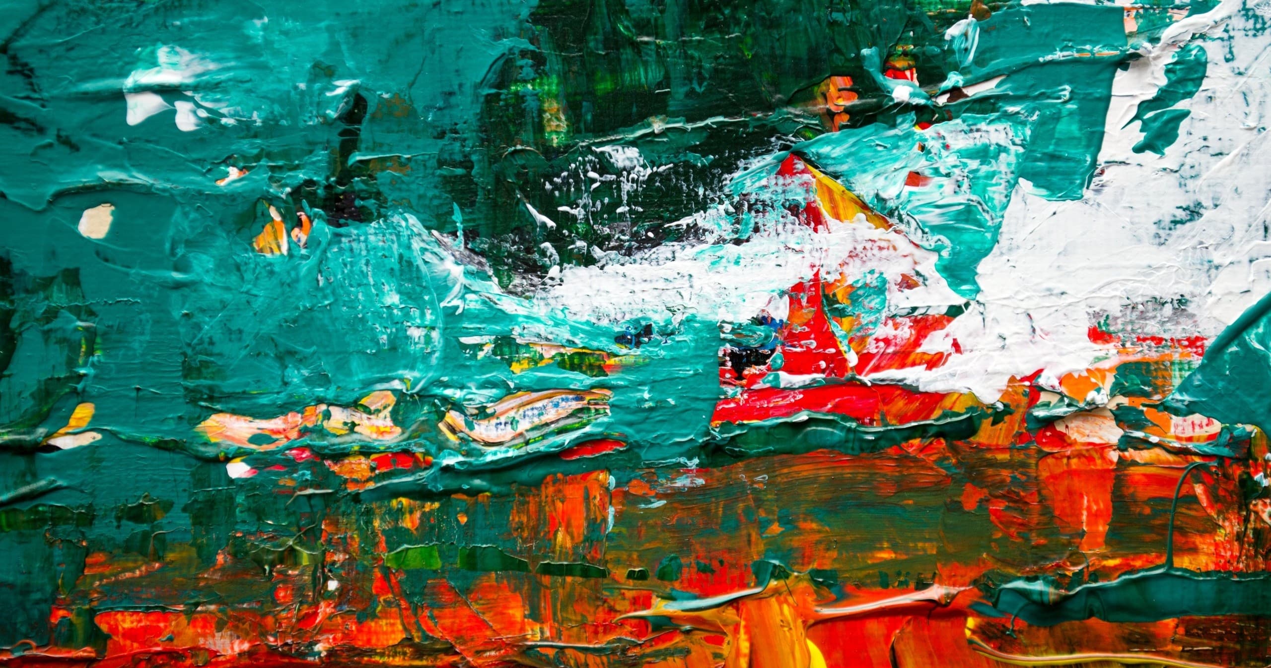 Abstract textured oil painting with green and red palette on canvas