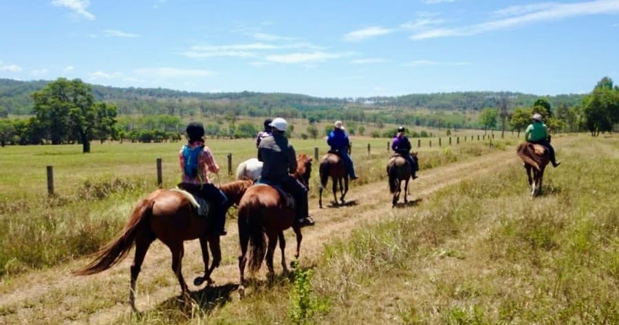 Group horseback riding across open paddock with views