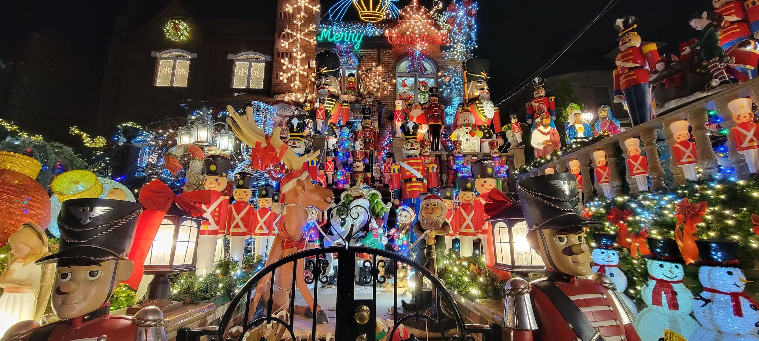 Residential holiday light display in Brooklyn, festive neighborhood