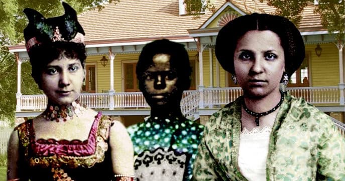 Three women portrait on historic plantation porch, heritage exhibit