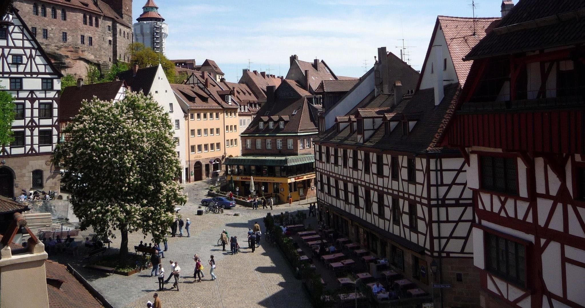 Historic Nuremberg market square with timbered houses, sightseeing