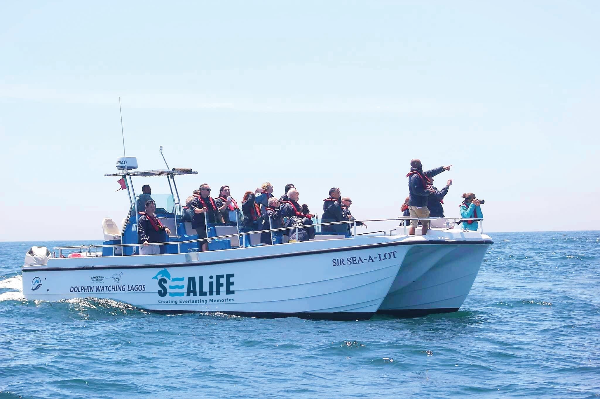 Crowded tour boat on calm sea offering coastal wildlife trips