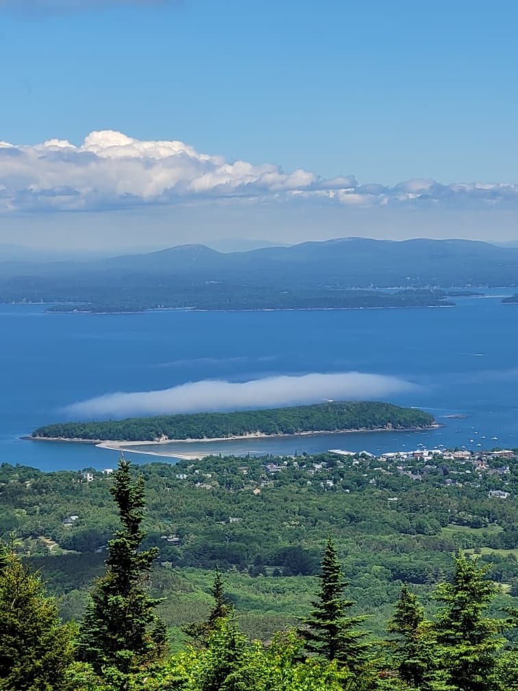 Aerial island archipelago and coastal panorama from mountain summit