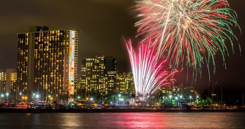 City waterfront fireworks over harbor skyline at night celebration