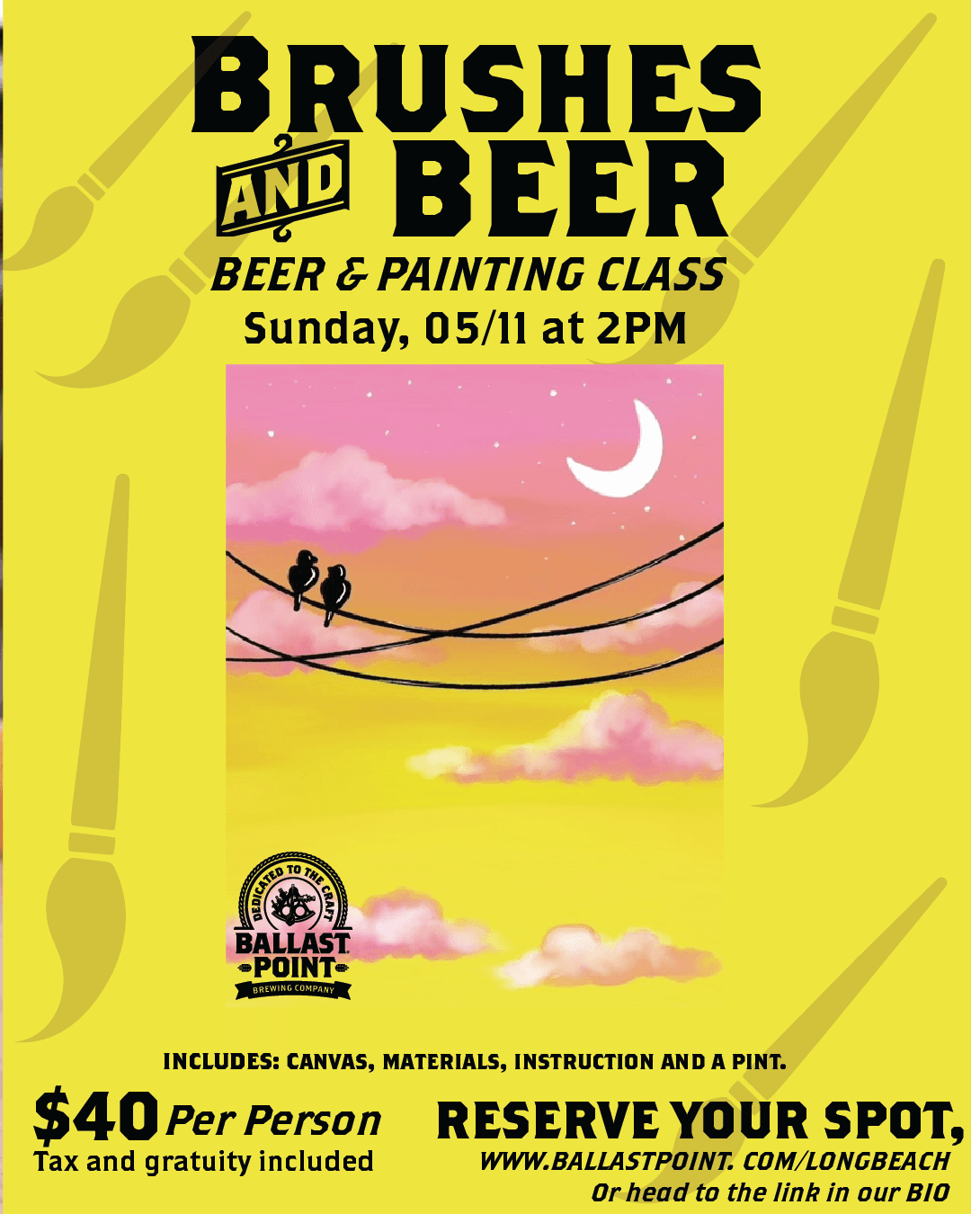 Brushes and Beer painting class poster promoting craft painting with beer