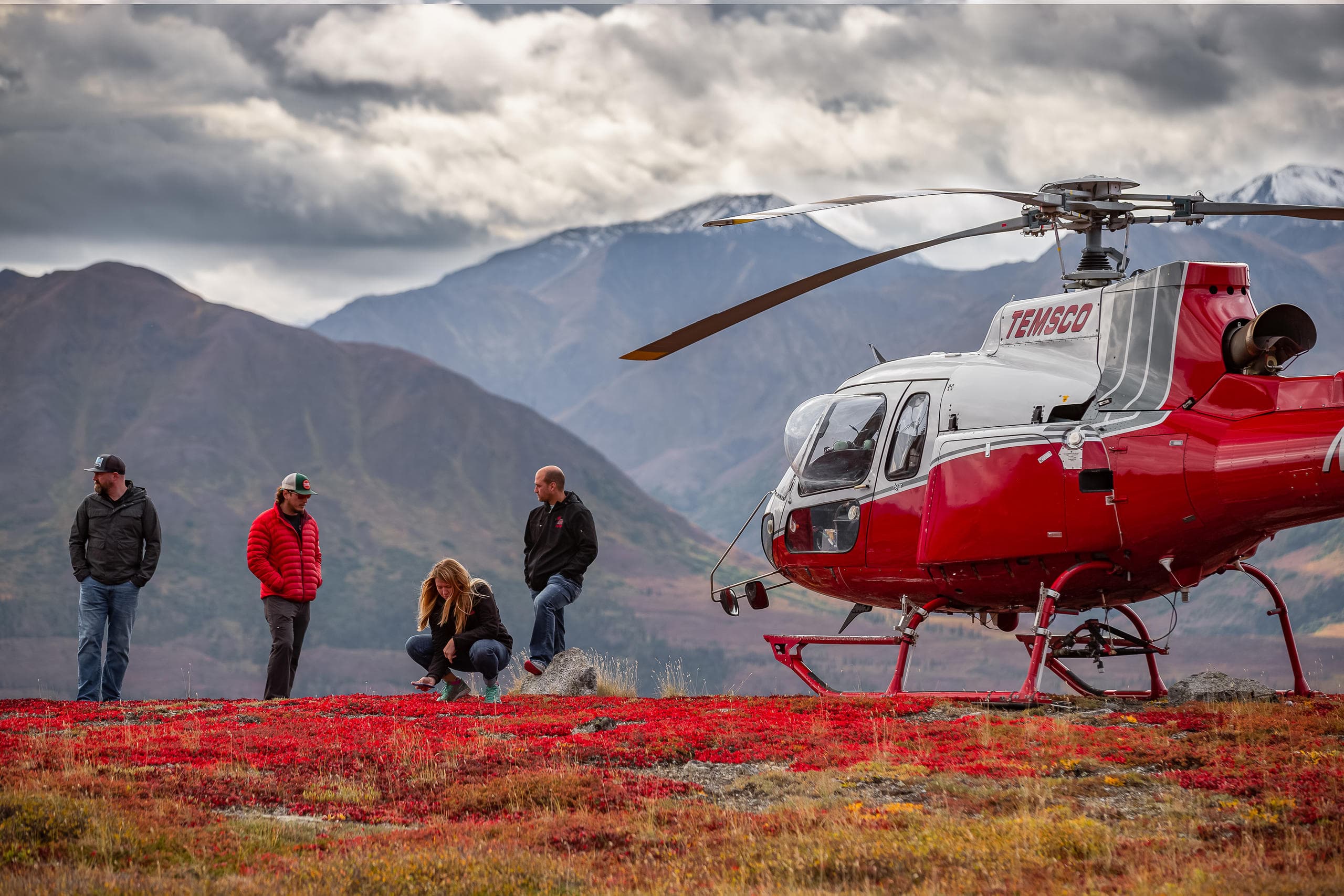 Helicopter drop-off with hikers on alpine tundra near Denali foothills