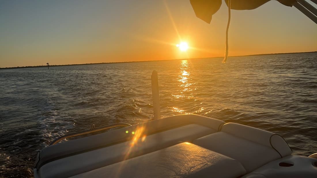 Boat deck at sunset over Gulf of Mexico, evening seascape
