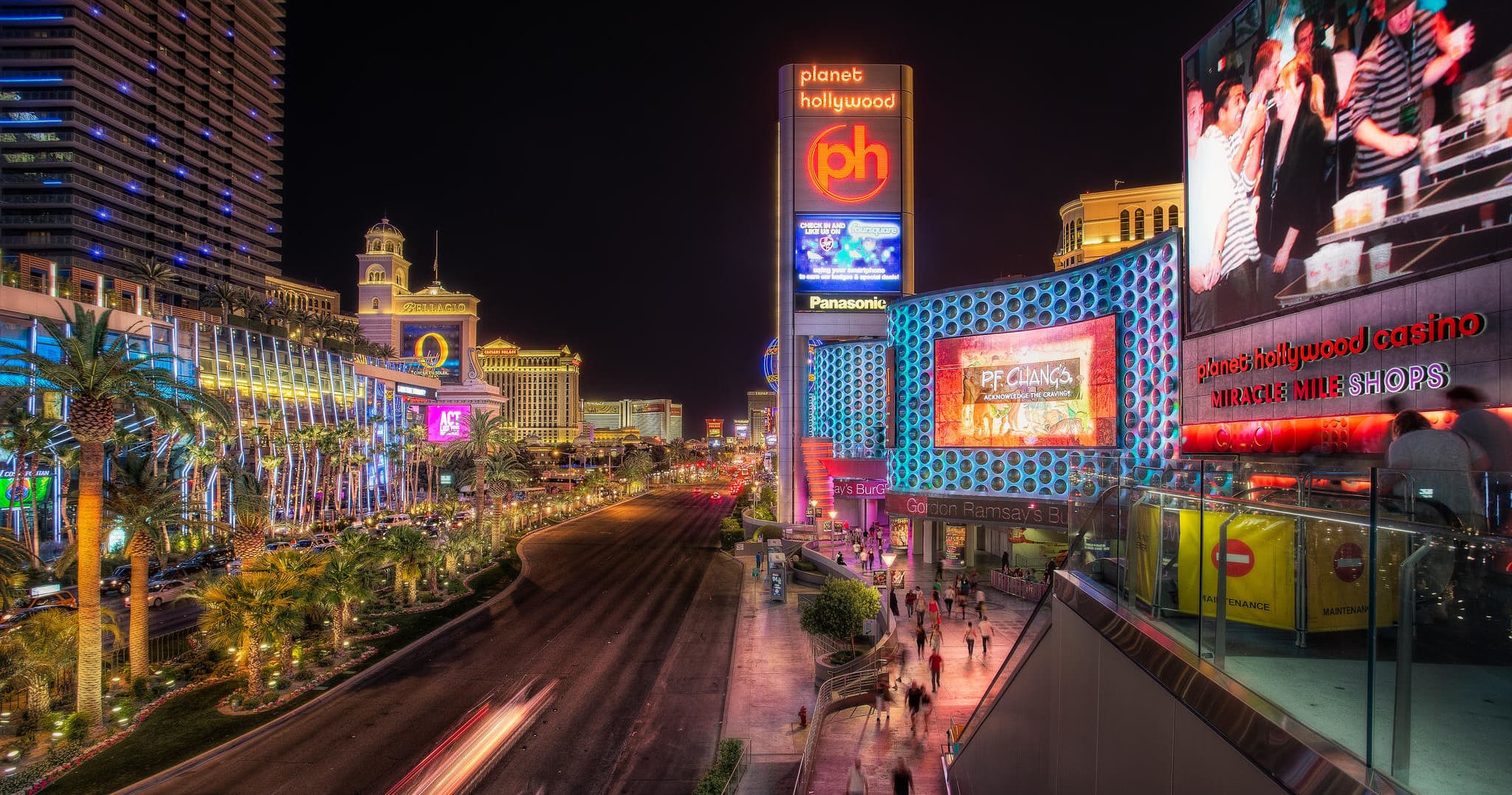 Las Vegas Strip at night, neon-lit promenade and city skyline