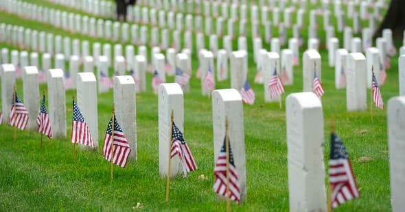 Arlington National Cemetery rows of graves with American flags