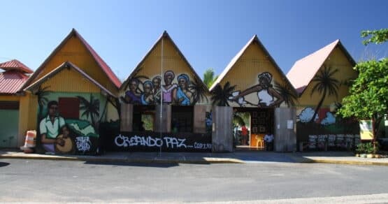 Colorful market buildings with murals on coastal Puerto Rico street