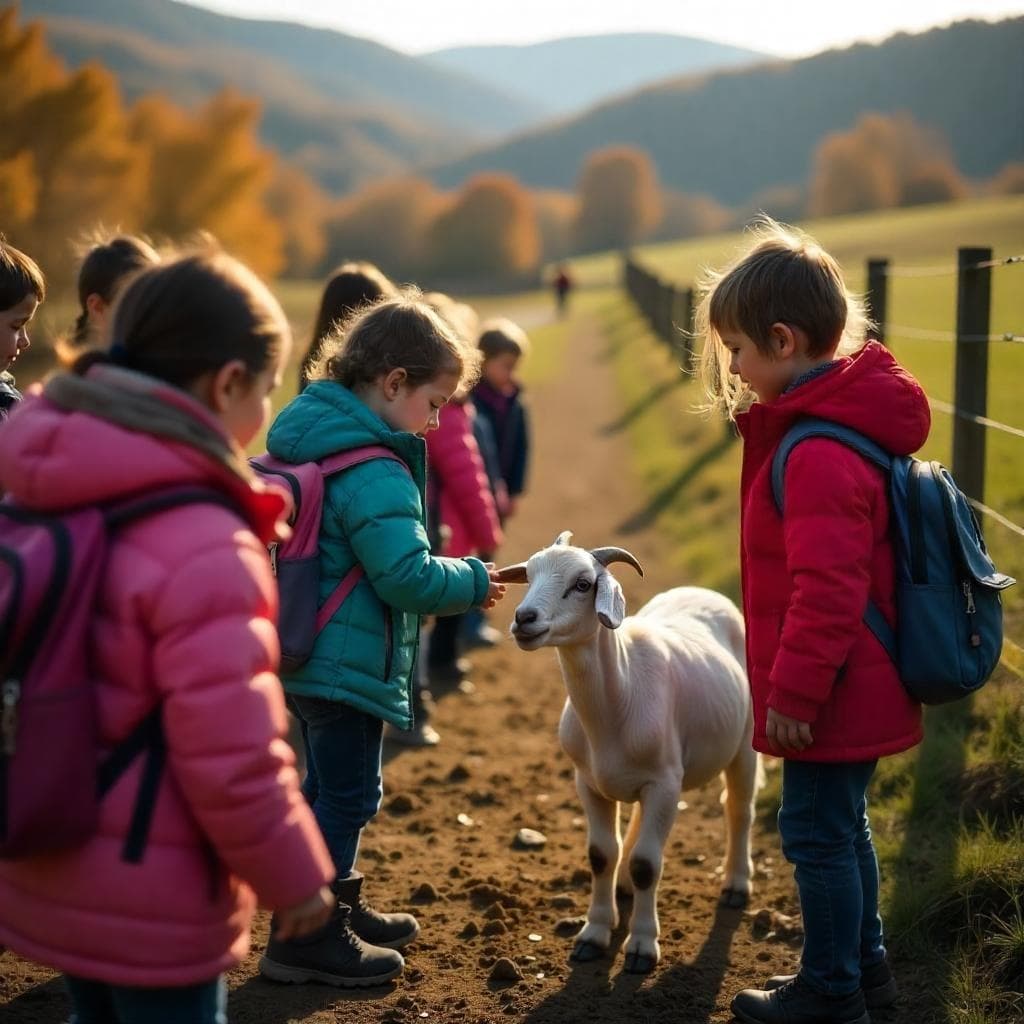 Children petting a farm goat on rural fall trail at sunset