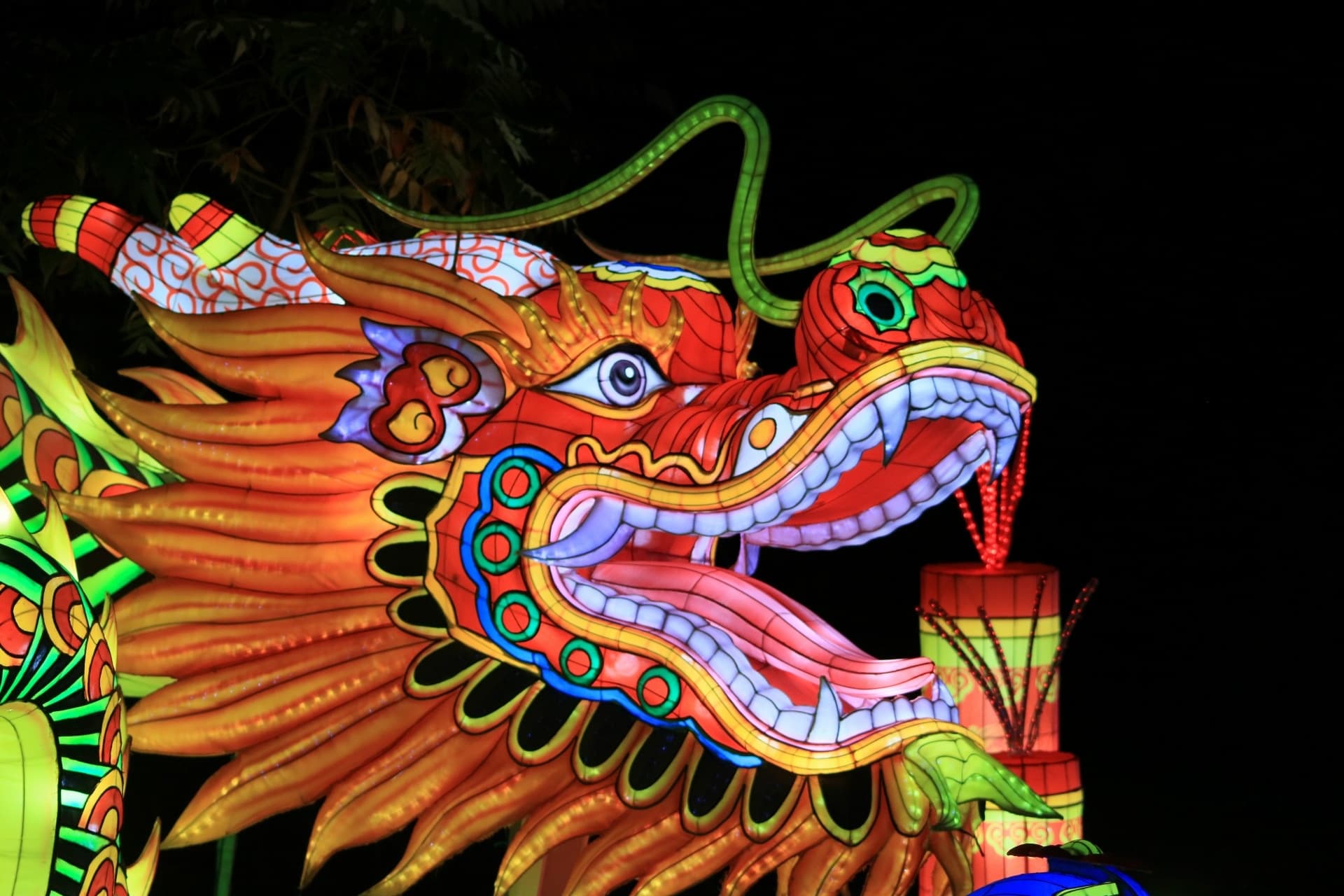 Giant illuminated dragon lantern at nighttime orchard festival