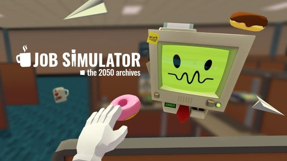 VR job simulator office scene with retro monitor and donut