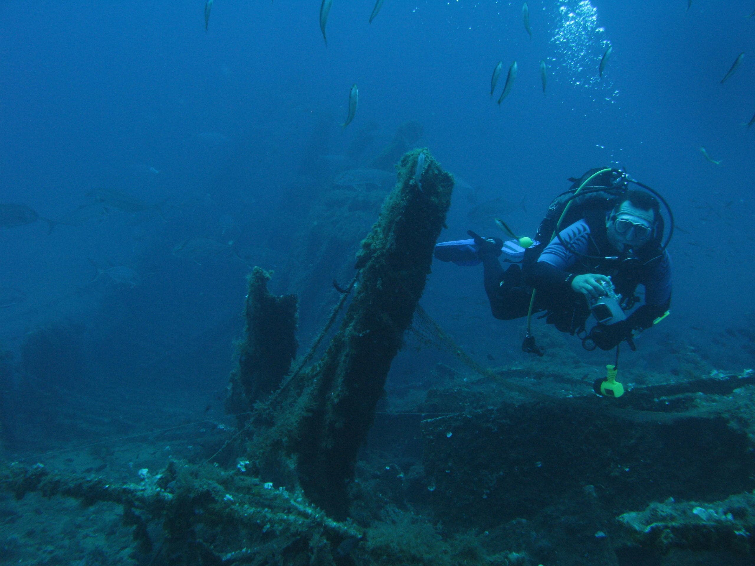 Wreck scuba diving exploring submerged shipwreck and reef