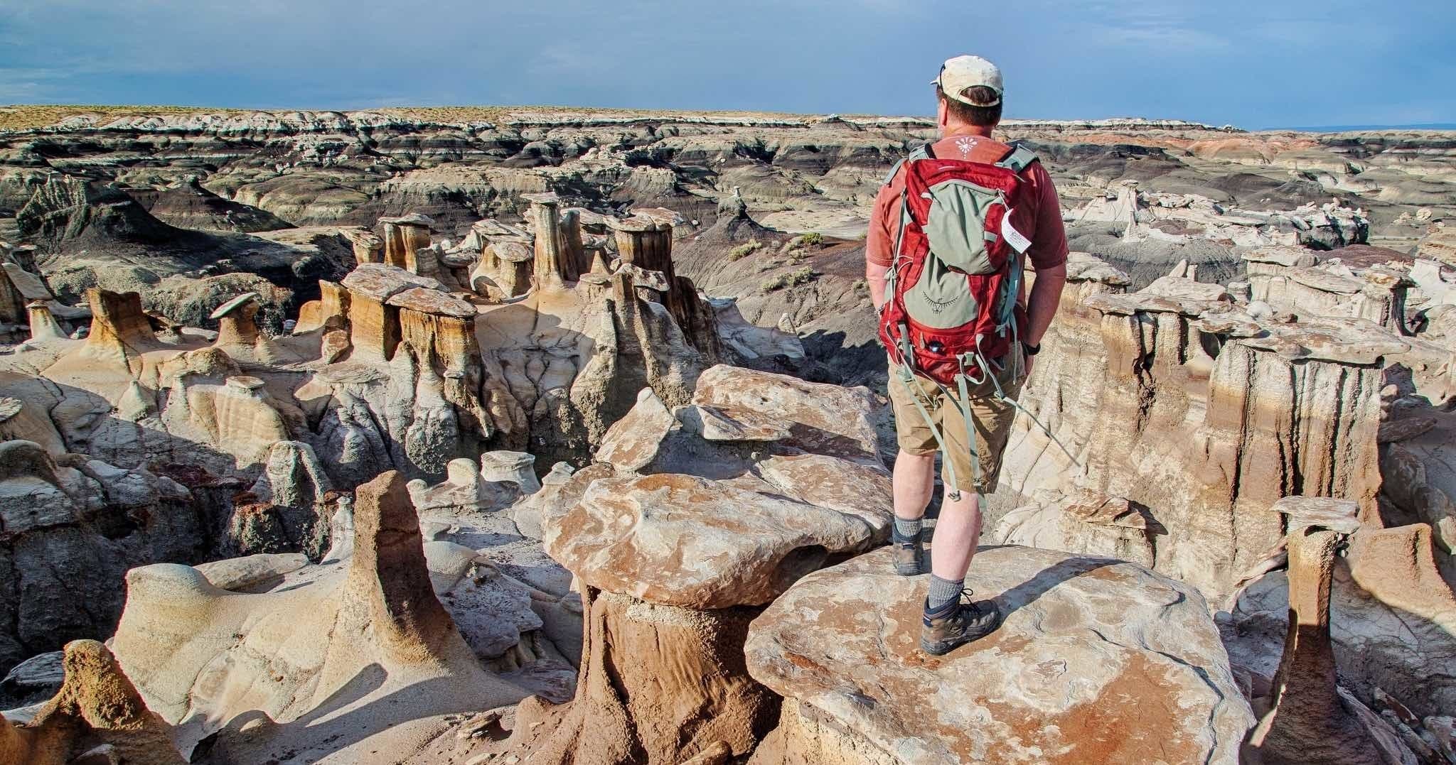 Hiker overlooking eroded badlands and panoramic canyon vista