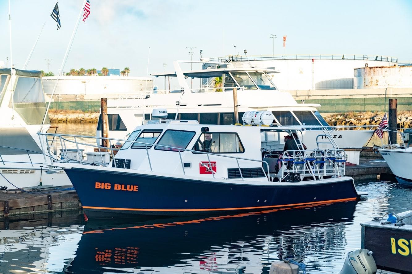 Big Blue dive boat moored in harbor ready for scuba divers