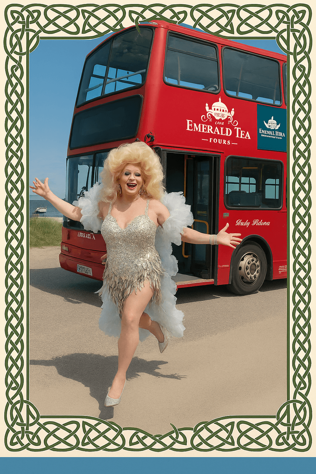 Performer posing by red double-decker tour bus on sunny coastal road