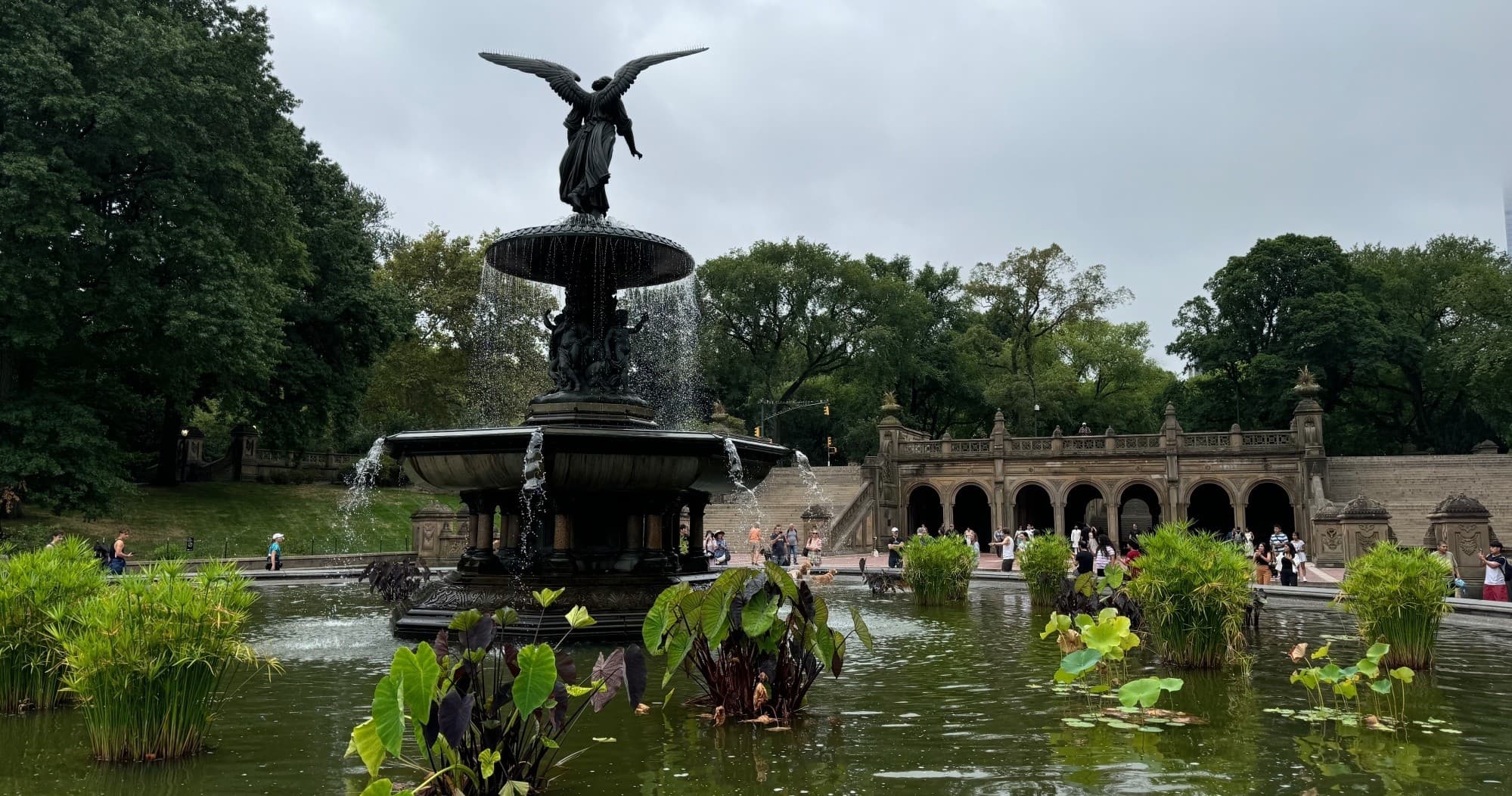 People gathered at Bethesda Fountain, Central Park sightseeing