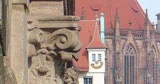 Ornate sandstone architectural detail on Nuremberg historic building facade