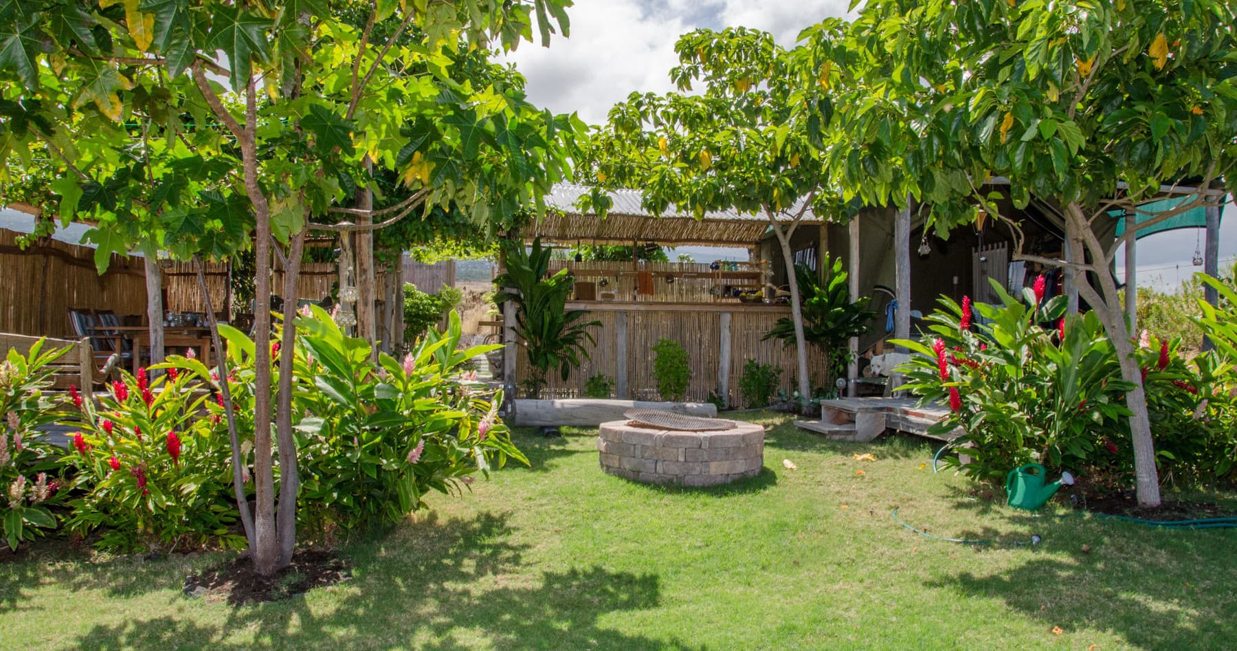 Tropical backyard garden with seating and lush plantings