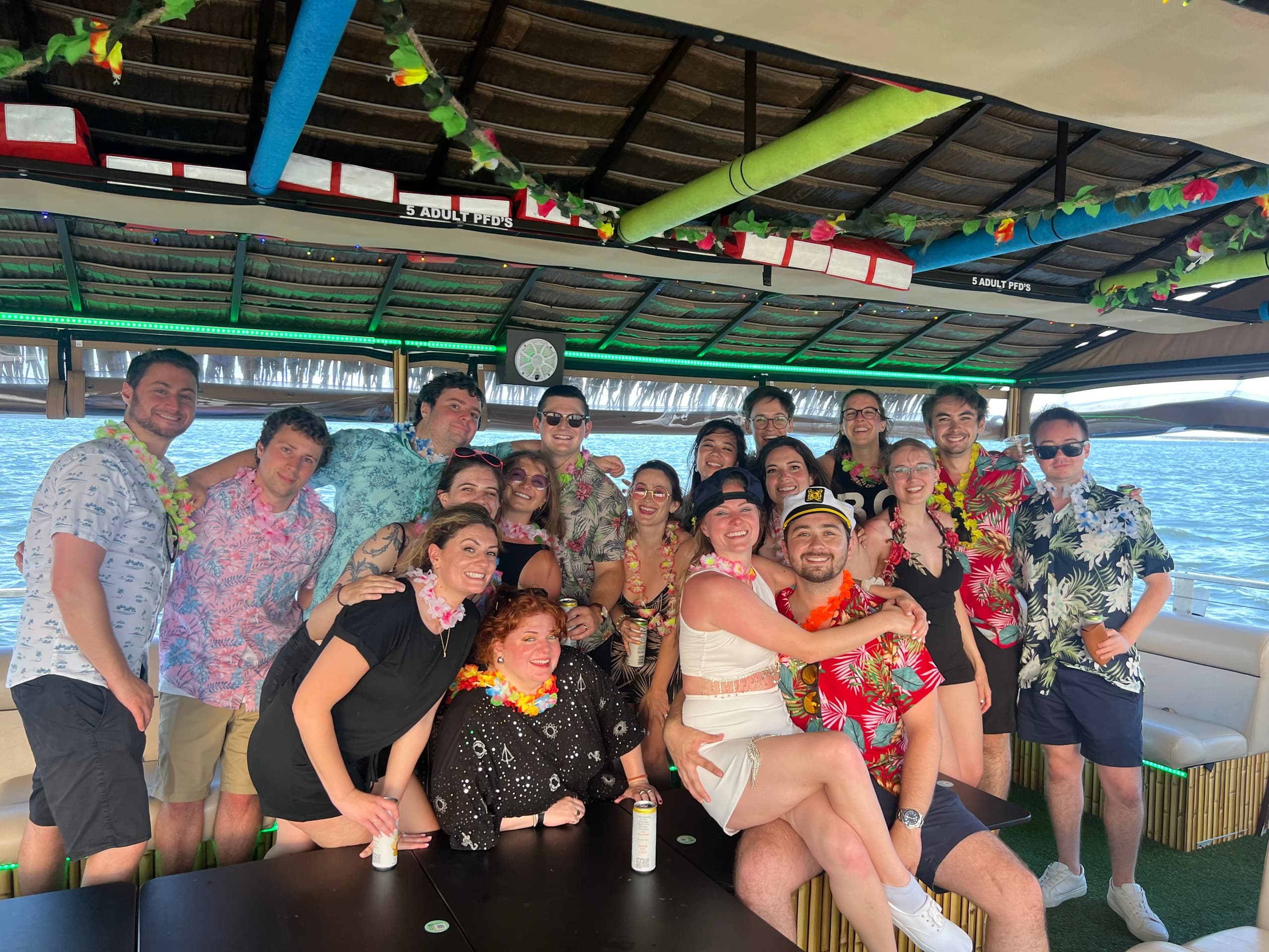 Group of passengers enjoying a Myrtle Beach pontoon party cruise