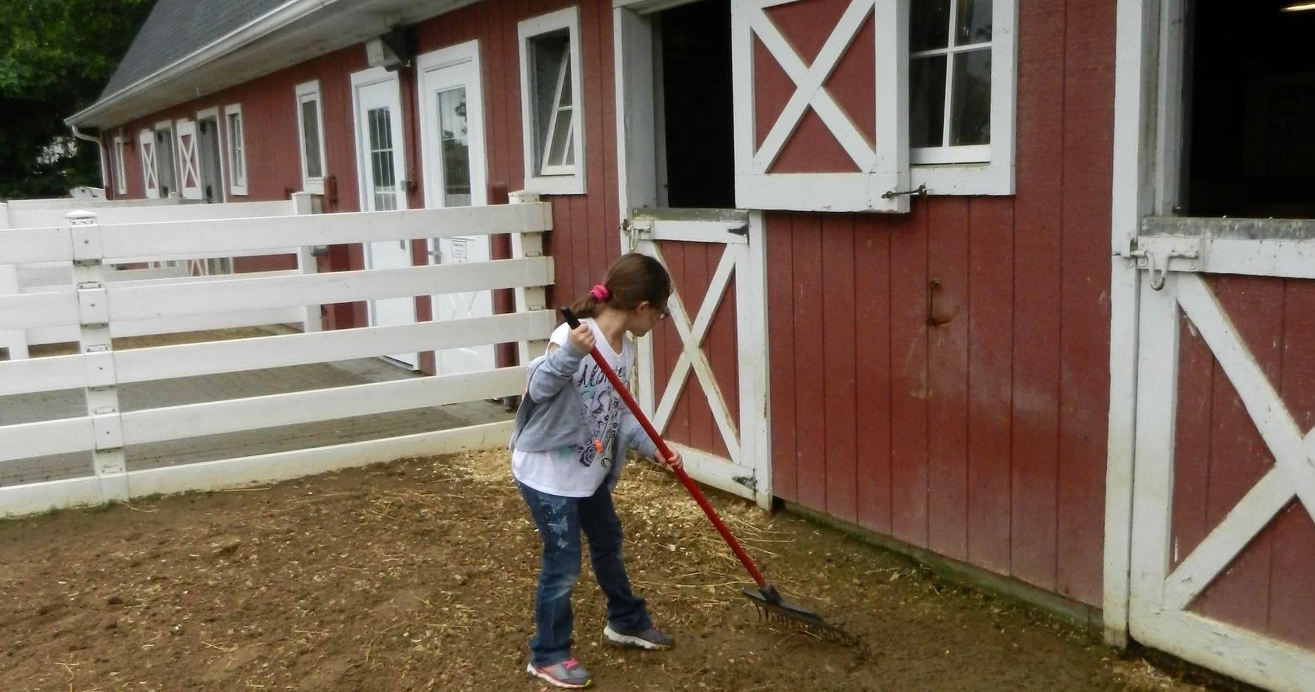 Child raking pen outside red barn at Cosley Zoo educational farm