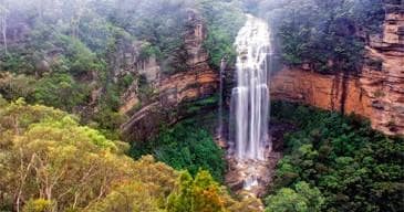 Majestic waterfall plunging into forested gorge, Blue Mountains