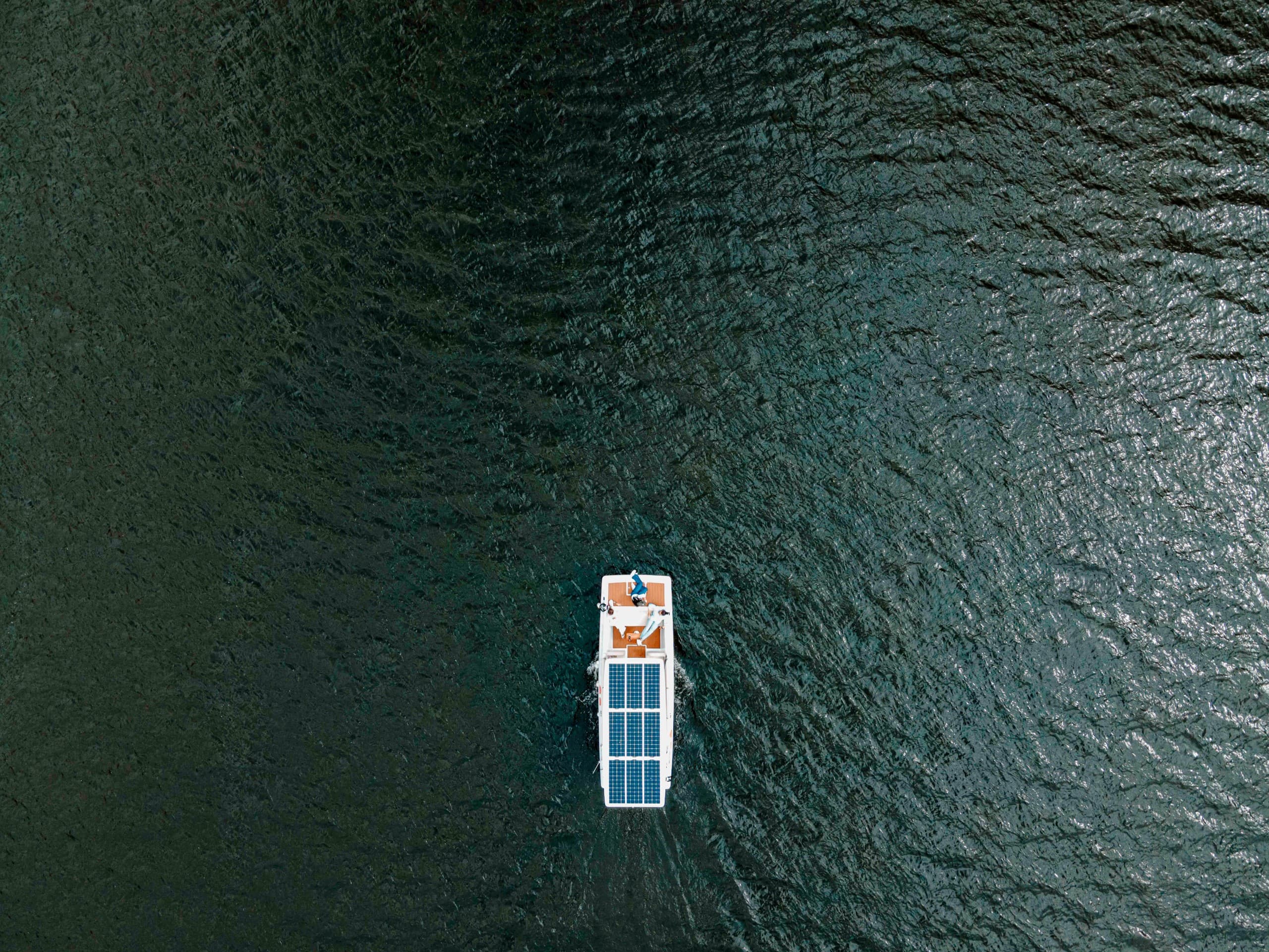 Top-down drone shot of boat near scenic lakeshore and vineyards