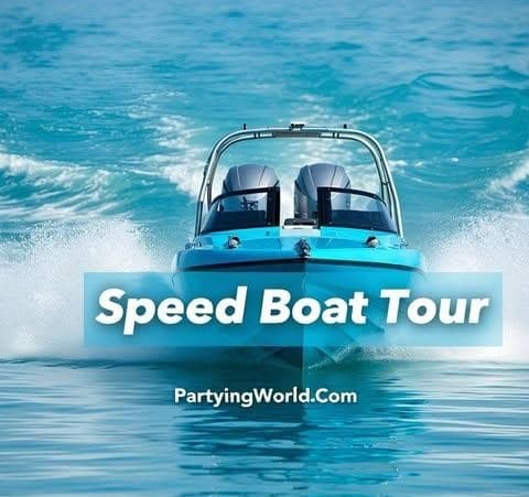 Speed boat tour skimming turquoise ocean waters at high speed