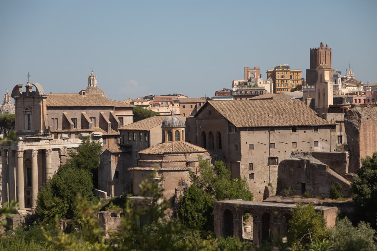 Panoramic view of Roman Forum ruins and ancient city skyline